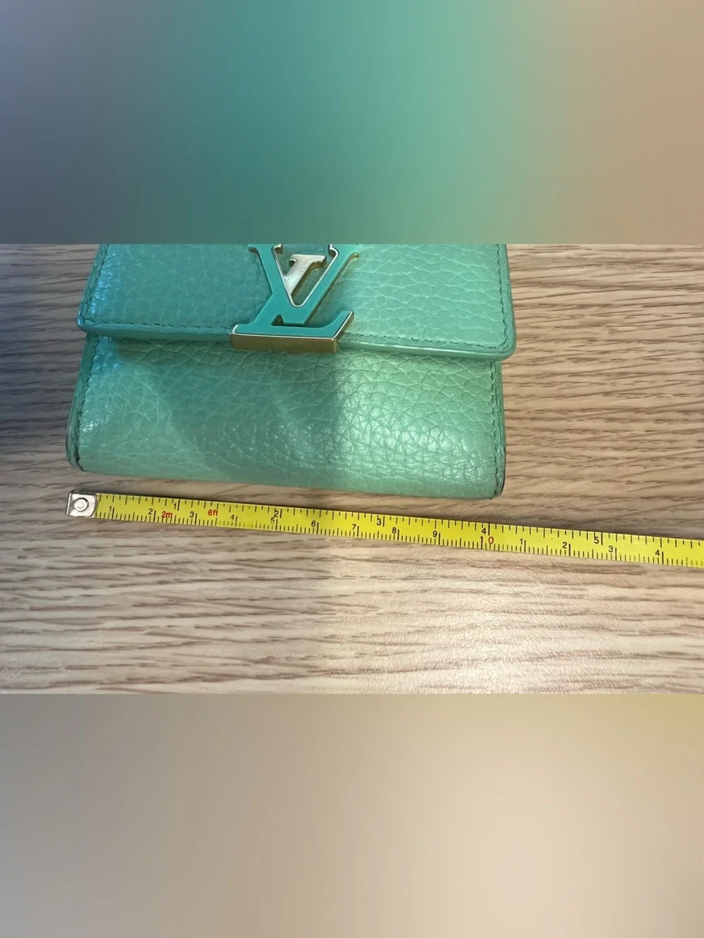 Louis Vuitton Mint Green Pebbled Leather Compact Wallet with LV Hardware